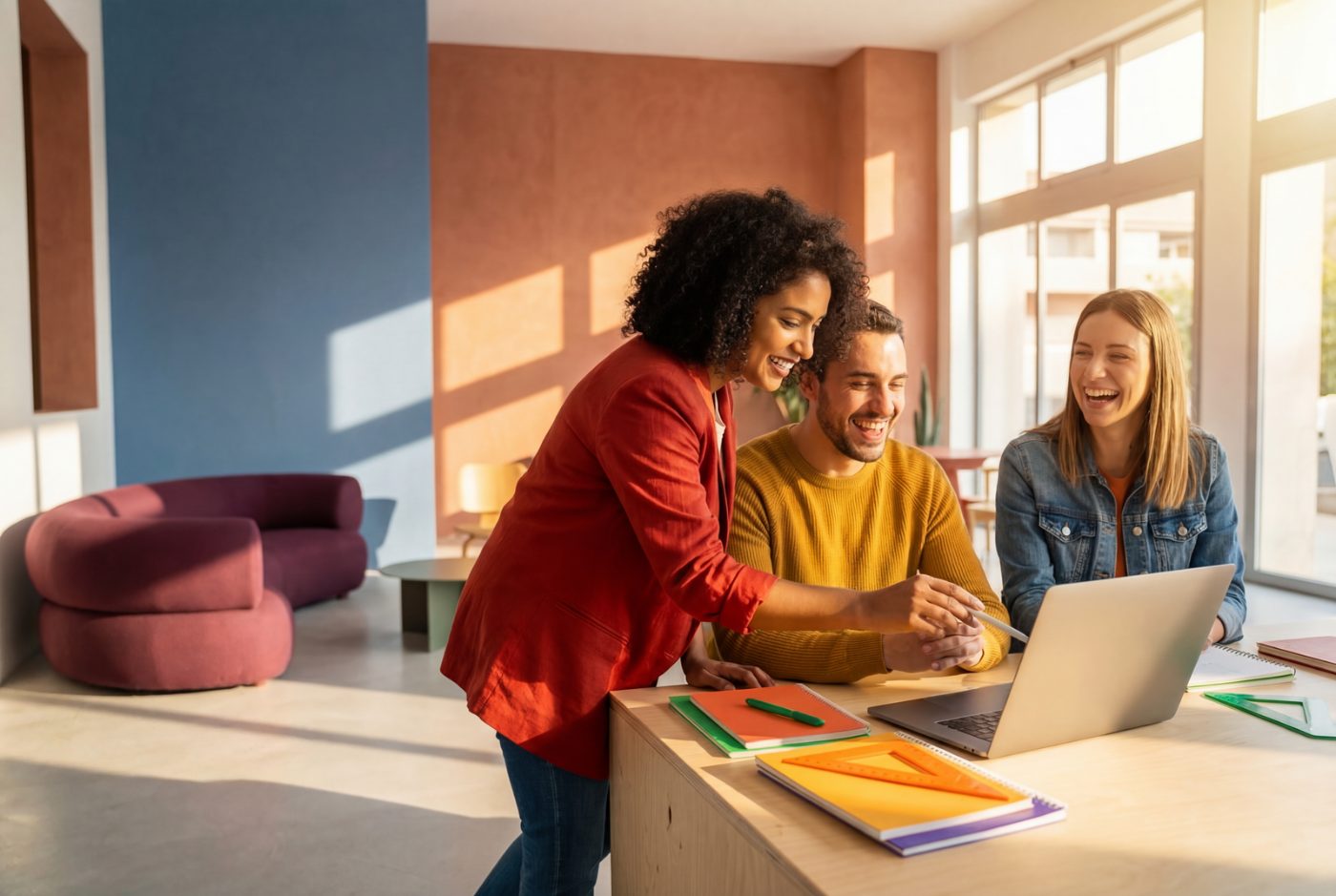 Diverse team of professionals collaborating around a laptop
